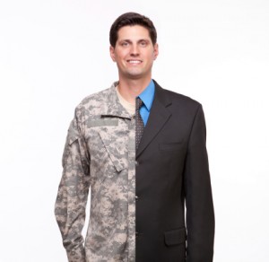 young man with split careers businessman and soldier